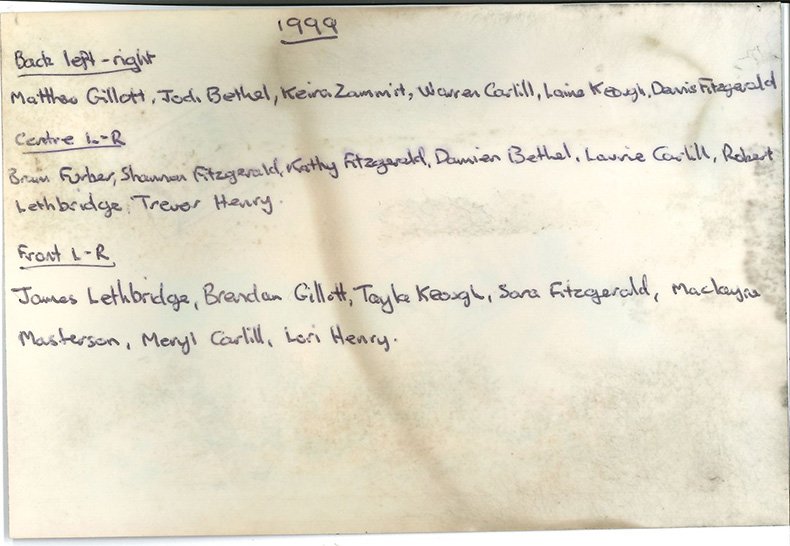Back of photo from Georgetown Hostel time capsule buried 16th March 1999, showing name of students